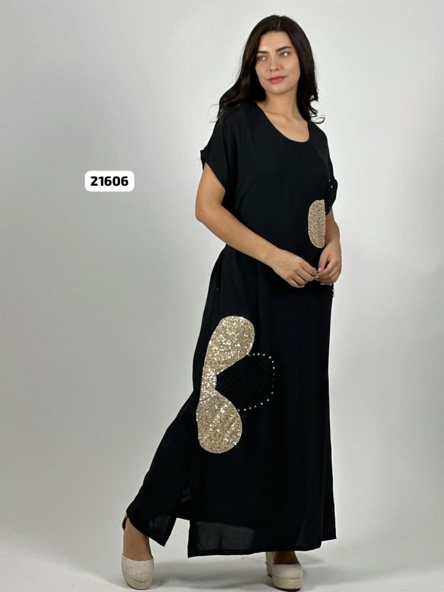 Vestido Lino Flores Costado Broderi con Brillos A4-855