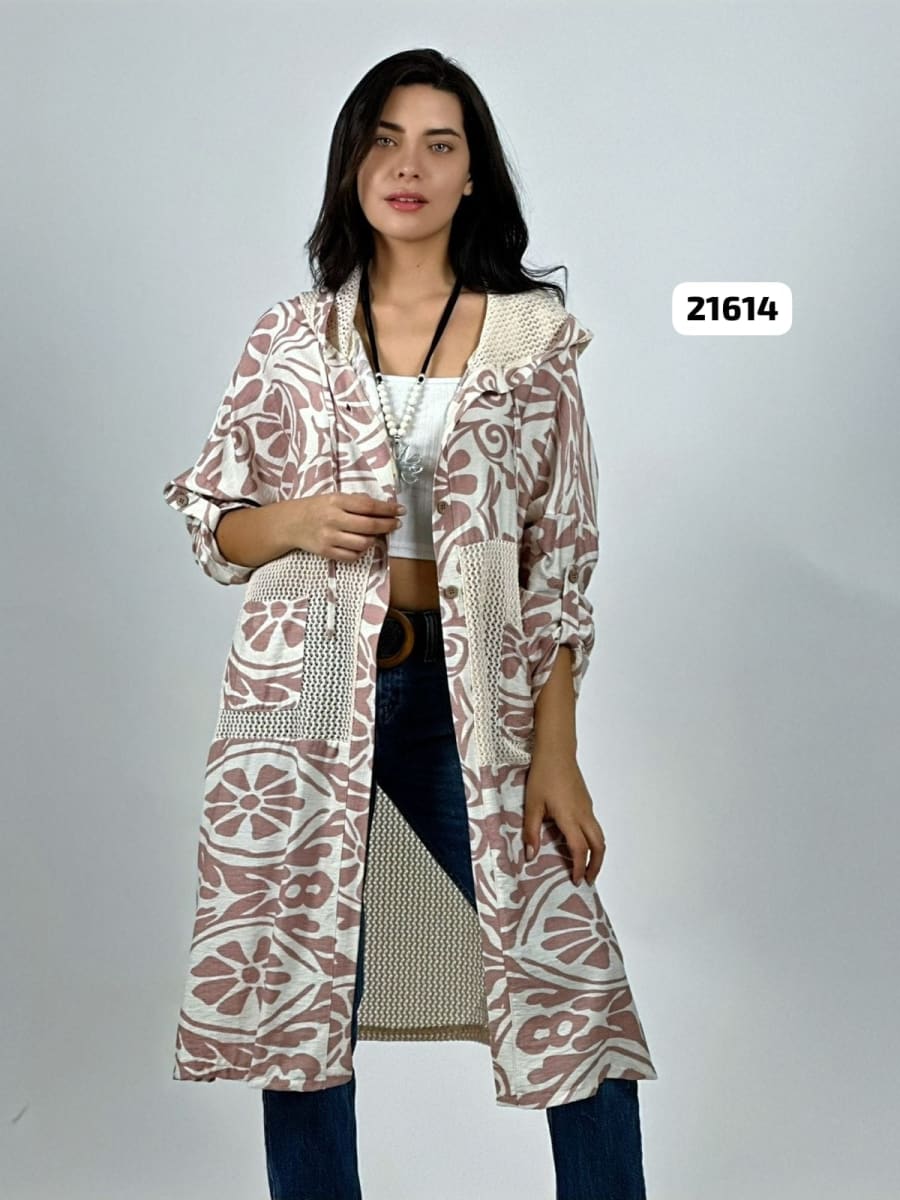 Tapado Casual Lino Tejido con Estampado Hojas A4-867