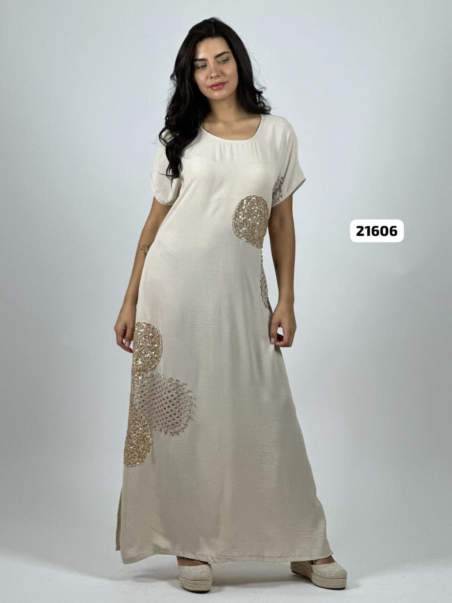 Vestido Lino Flores Costado Broderi con Brillos A4-8510