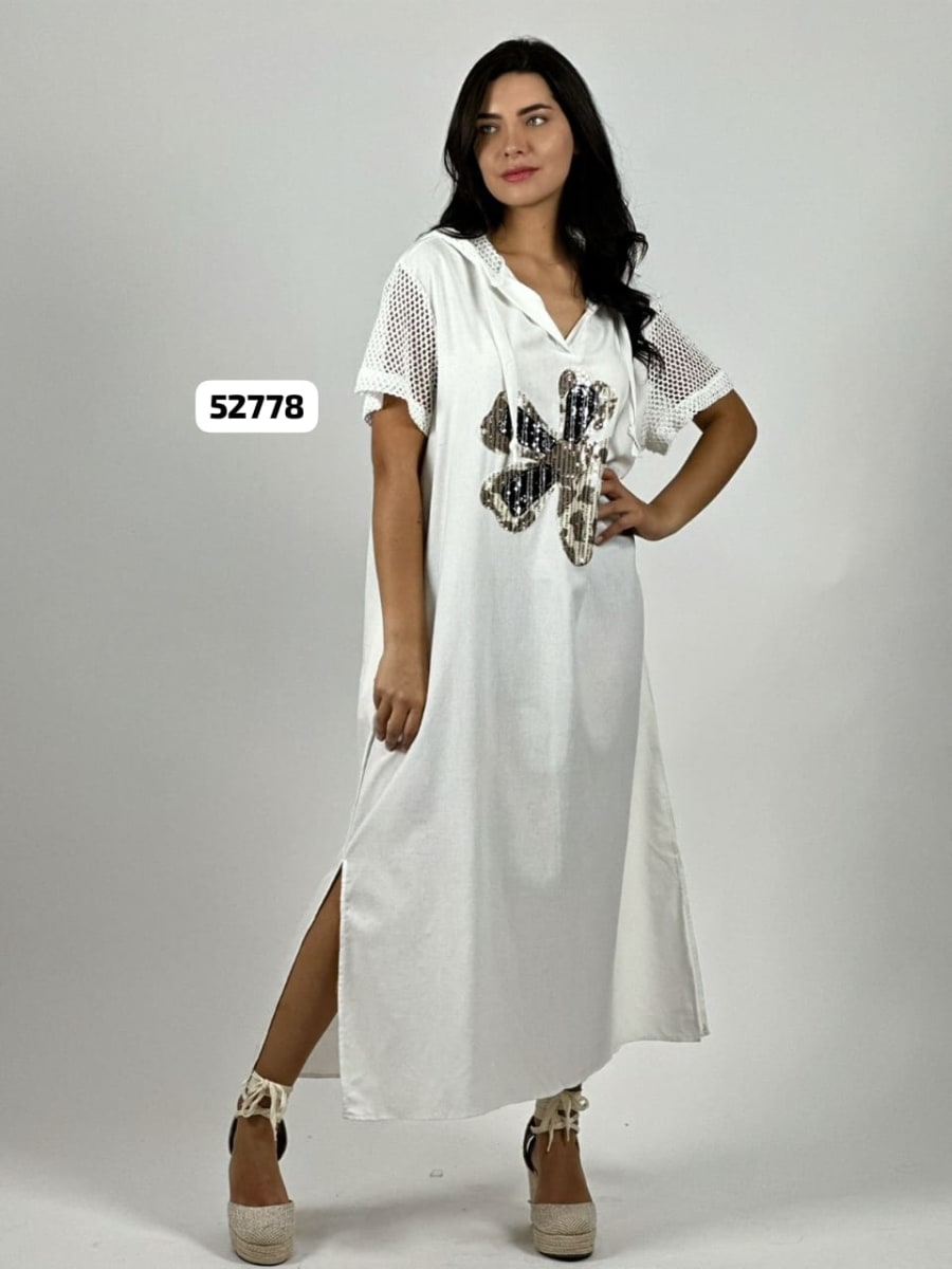 Vestido Crepe Flor Brillos Mangas y Capucha Tejida A4-877