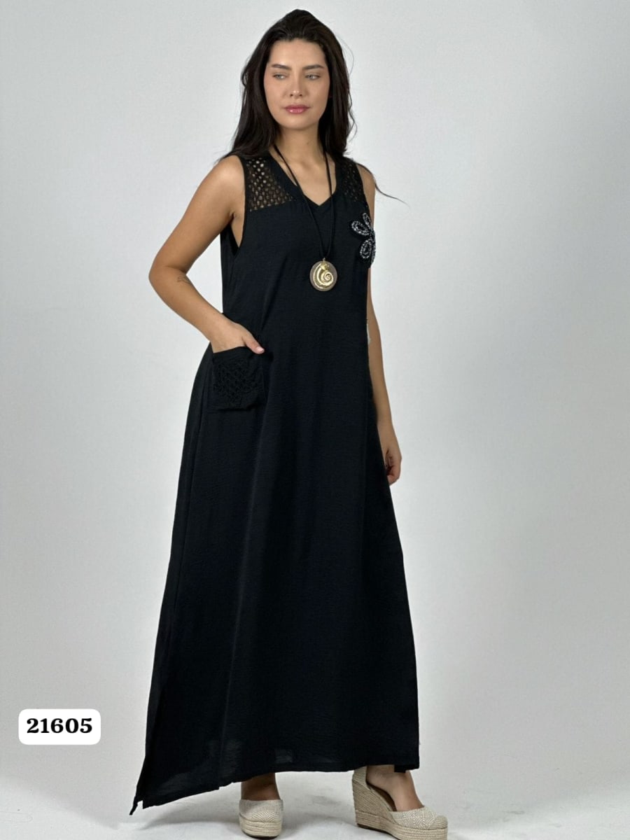 Vestido Crepe Hombros Tejidos Flor en Bolsillo A1-191