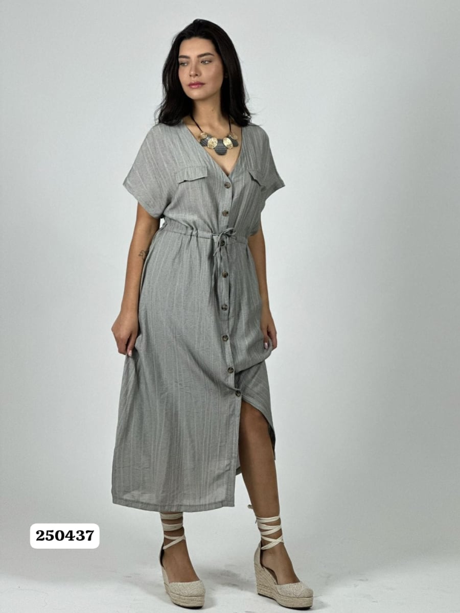 Vestido Viscosa Abotonado Ajustado en Cintura A4-842