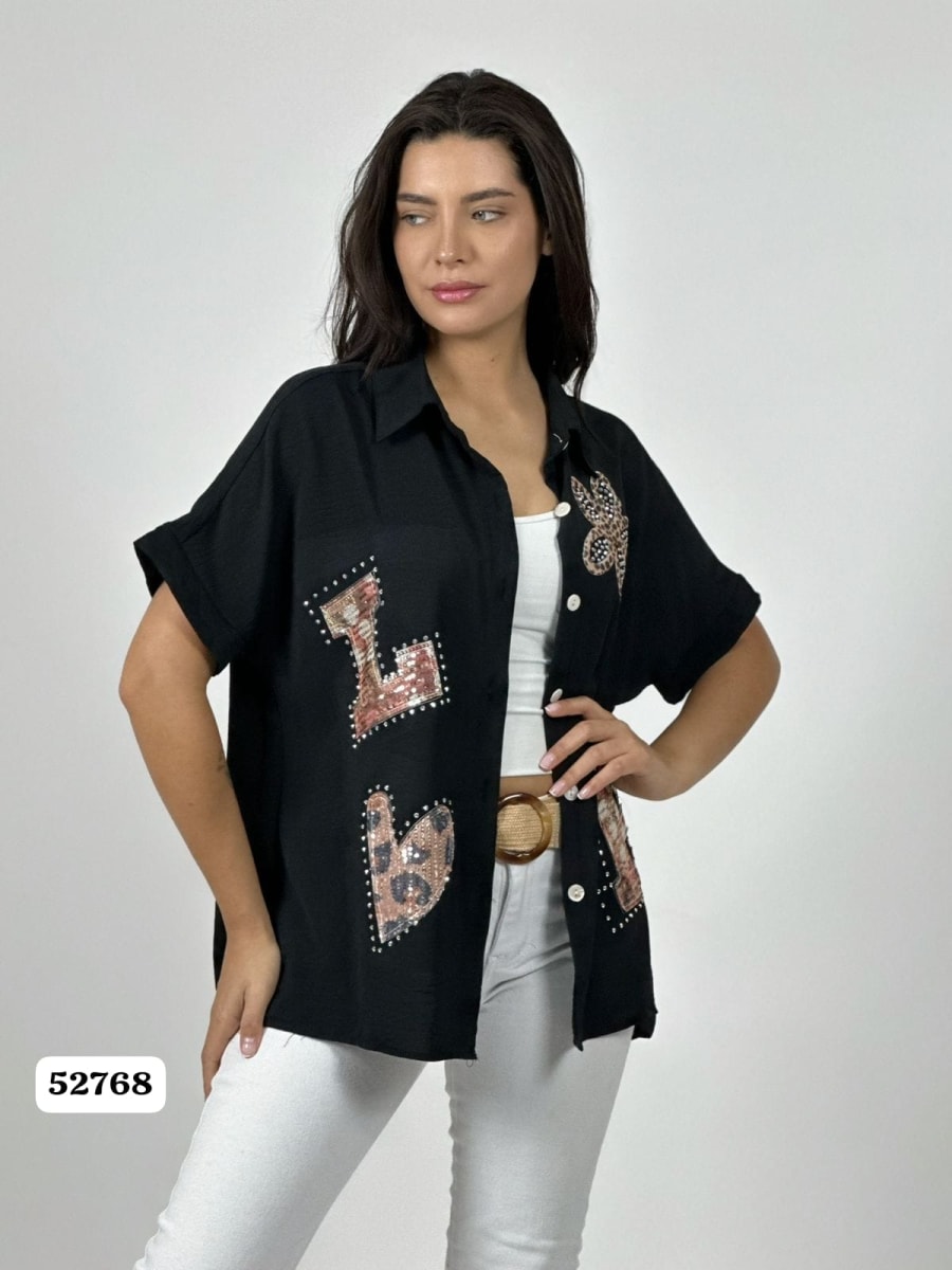 Blusa Crepe LOVE Print Chic con Brillos A1-104