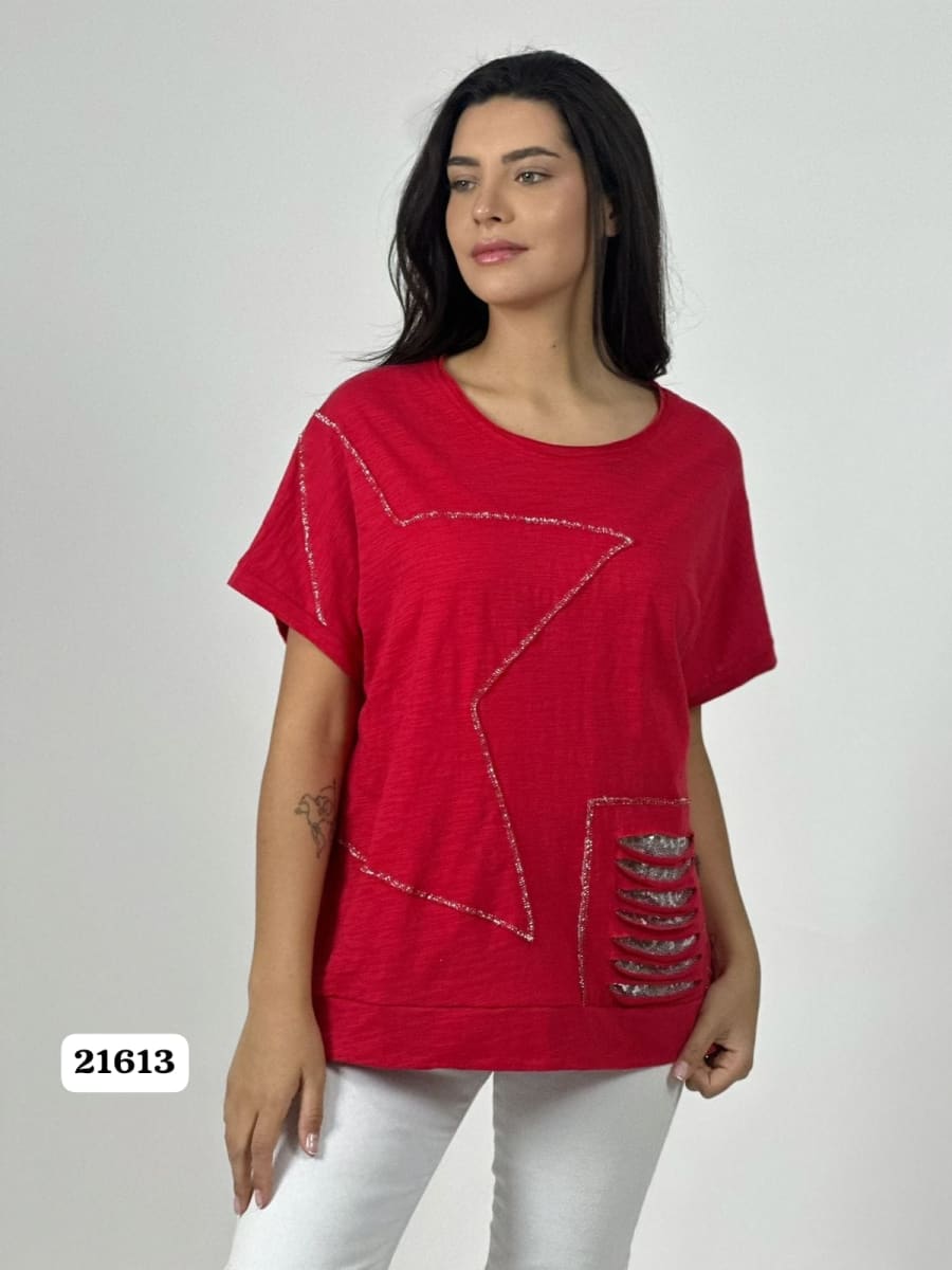 Polera Algodon Estrella y Rasgaduras Brillantes A1-372