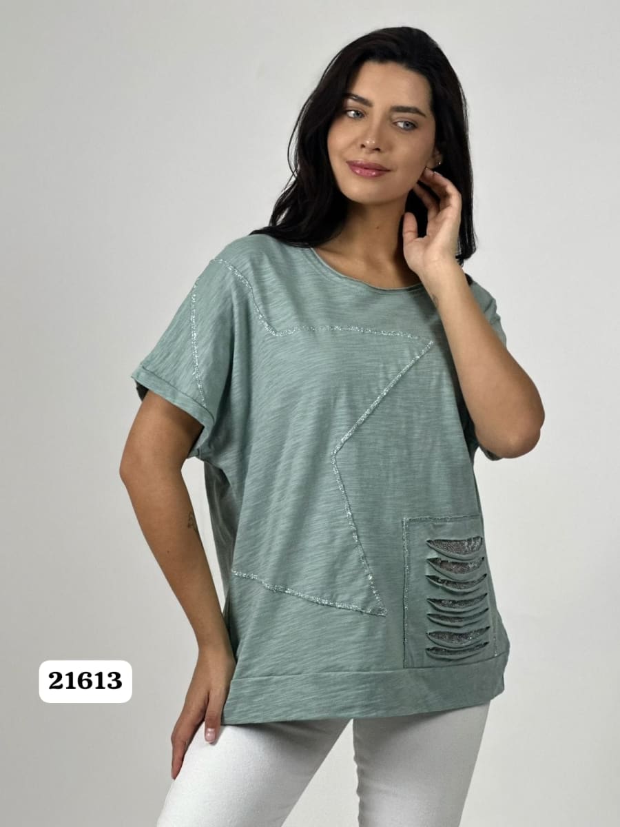 Polera Algodon Estrella y Rasgaduras Brillantes A1-377