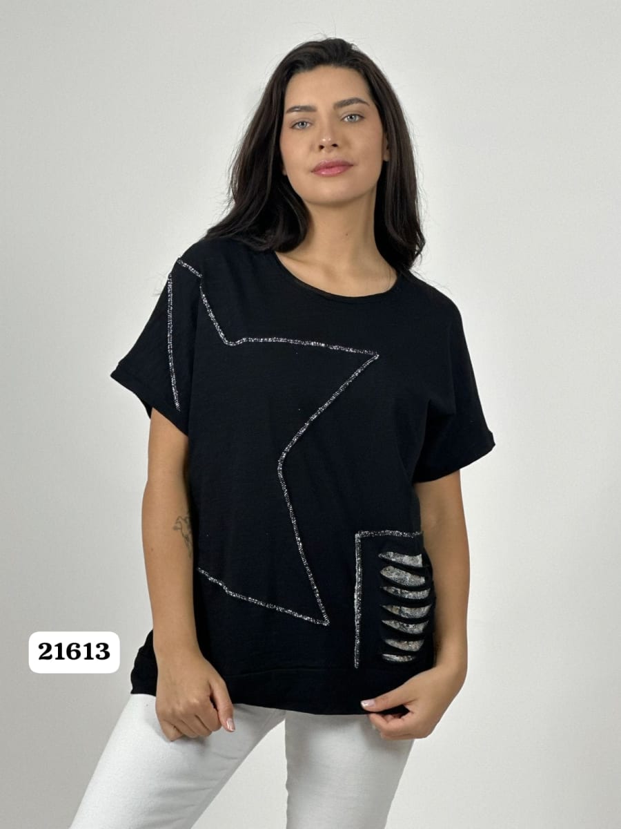 Polera Algodon Estrella y Rasgaduras Brillantes A1-3712