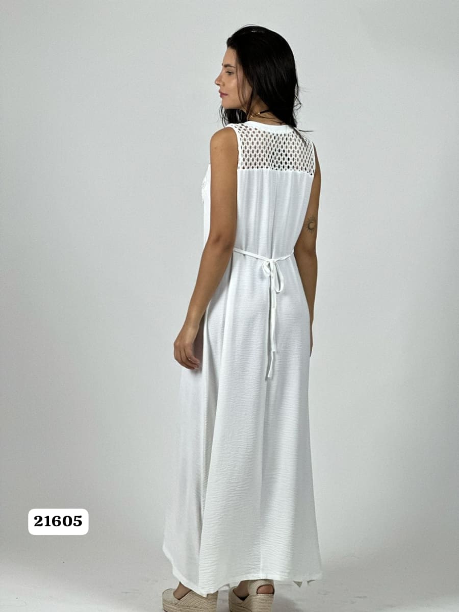 Vestido Crepe Hombros Tejidos Flor en Bolsillo A1-196