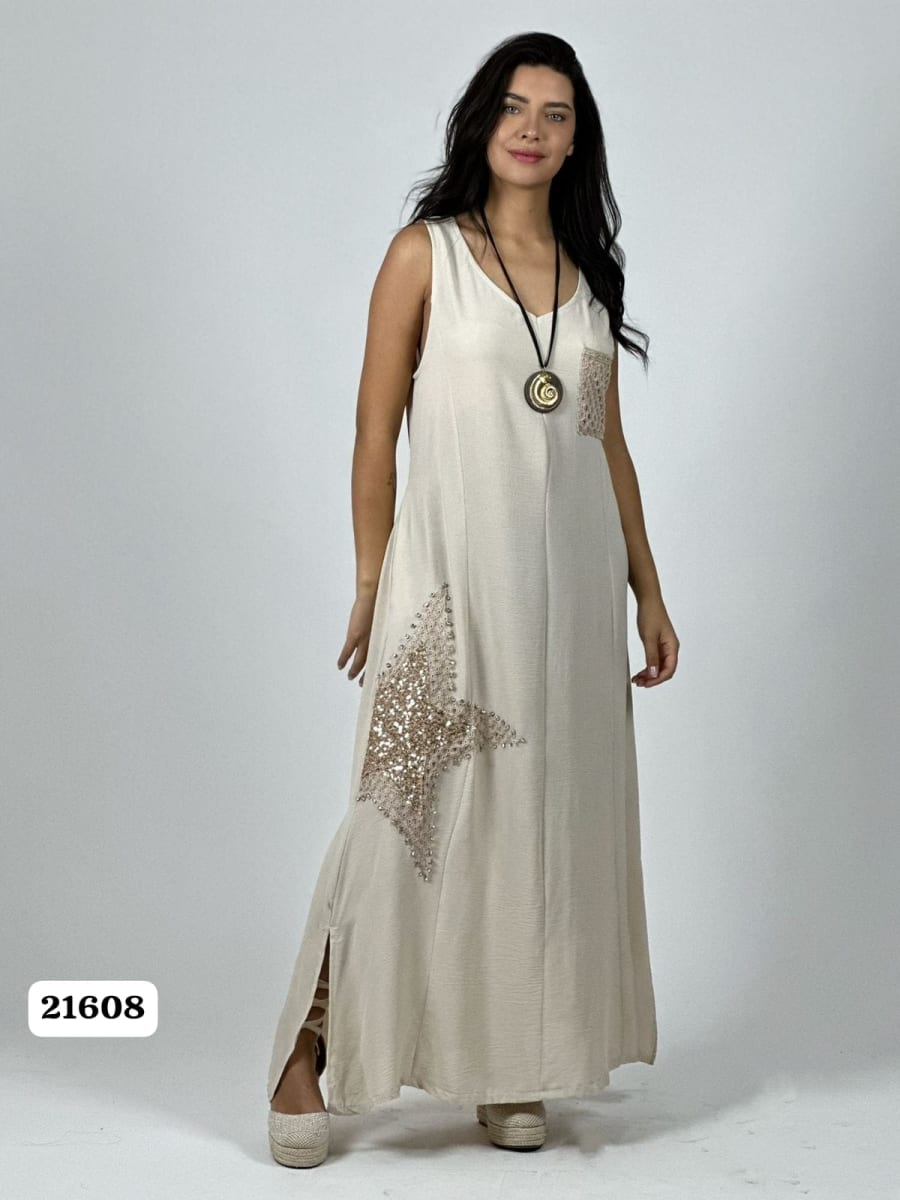 Vestido Crepe Bolsillo Tejido Estrella Brillantes A1-251