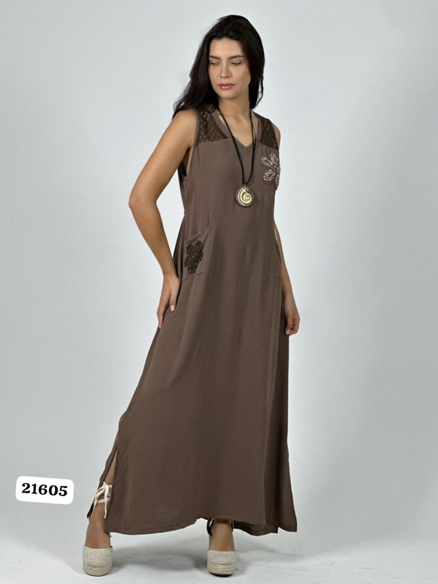 Vestido Crepe Hombros Tejidos Flor en Bolsillo A1-198