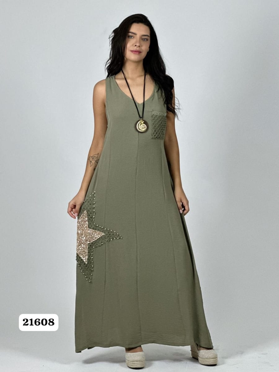 Vestido Crepe Bolsillo Tejido Estrella Brillantes A1-259