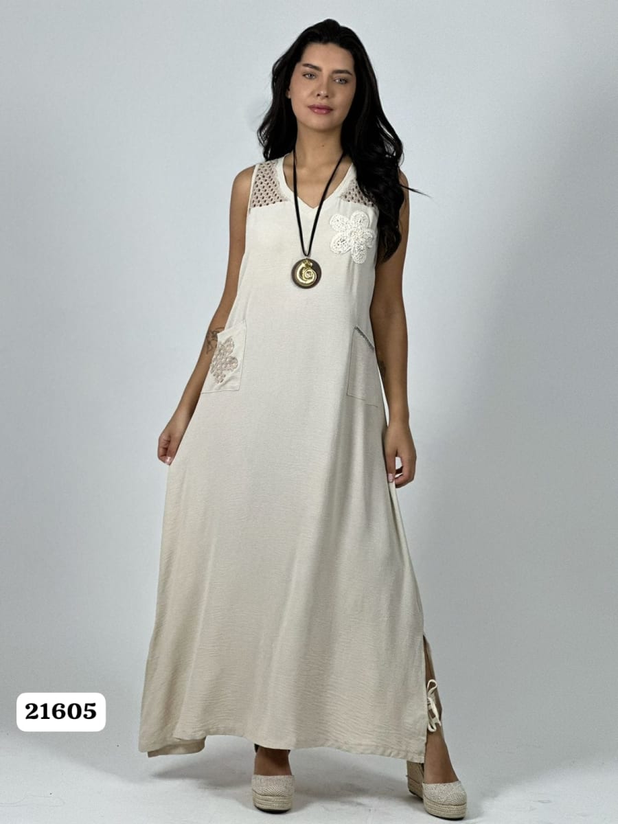 Vestido Crepe Hombros Tejidos Flor en Bolsillo A1-1910