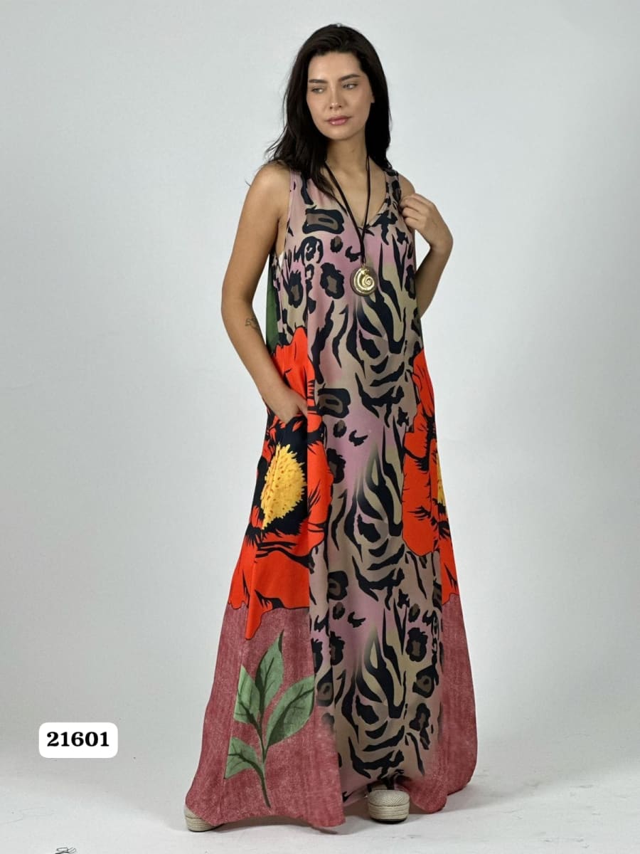 Vestido Crepe Animal Print Flor en Costado A1-314