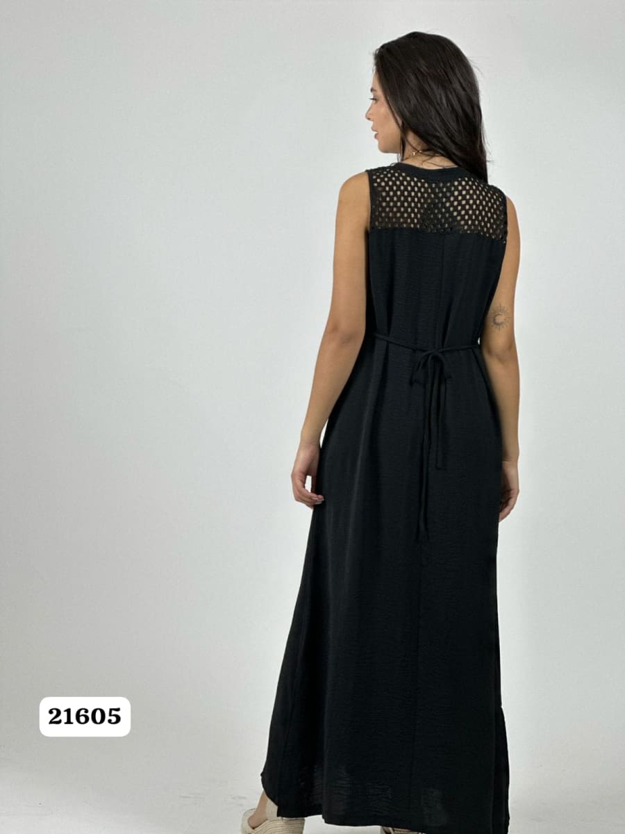 Vestido Crepe Hombros Tejidos Flor en Bolsillo A1-193