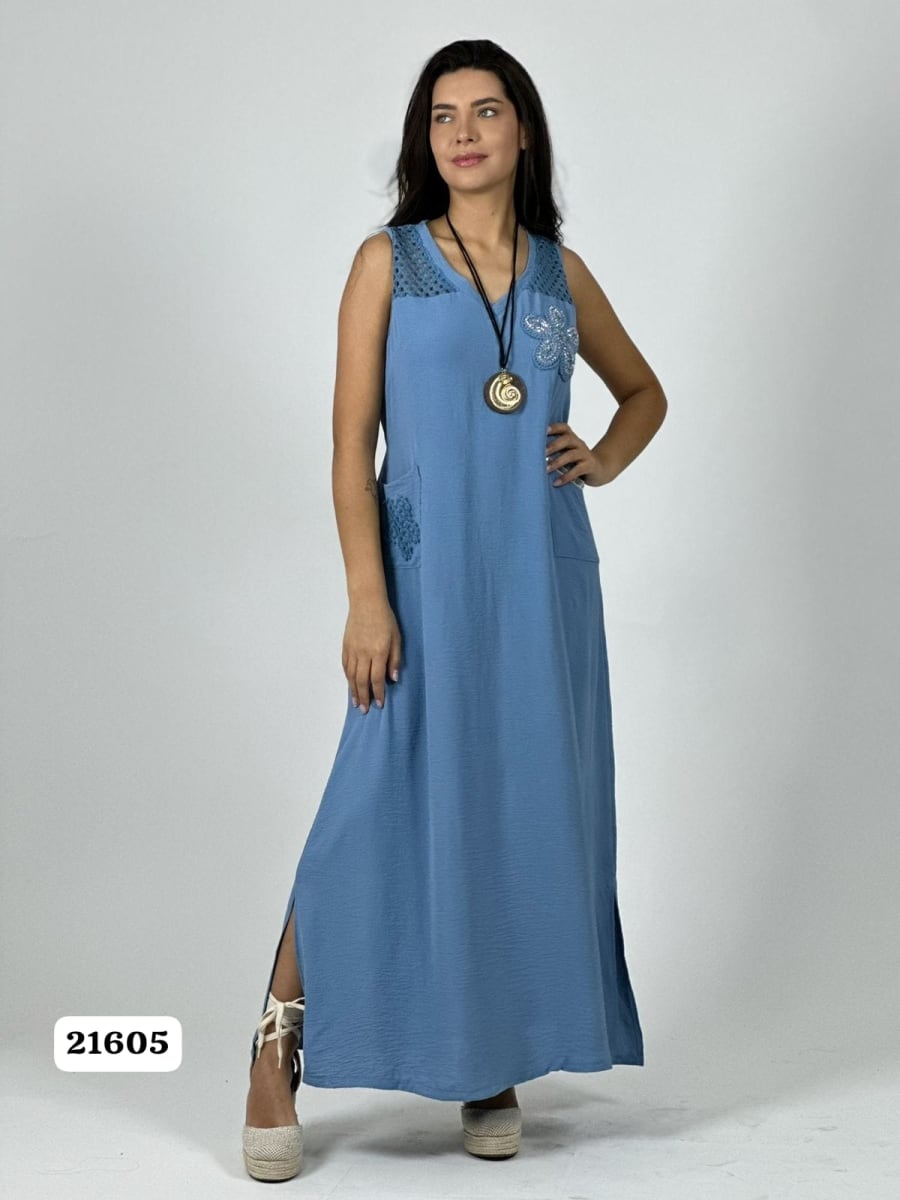 Vestido Crepe Hombros Tejidos Flor en Bolsillo A1-1914