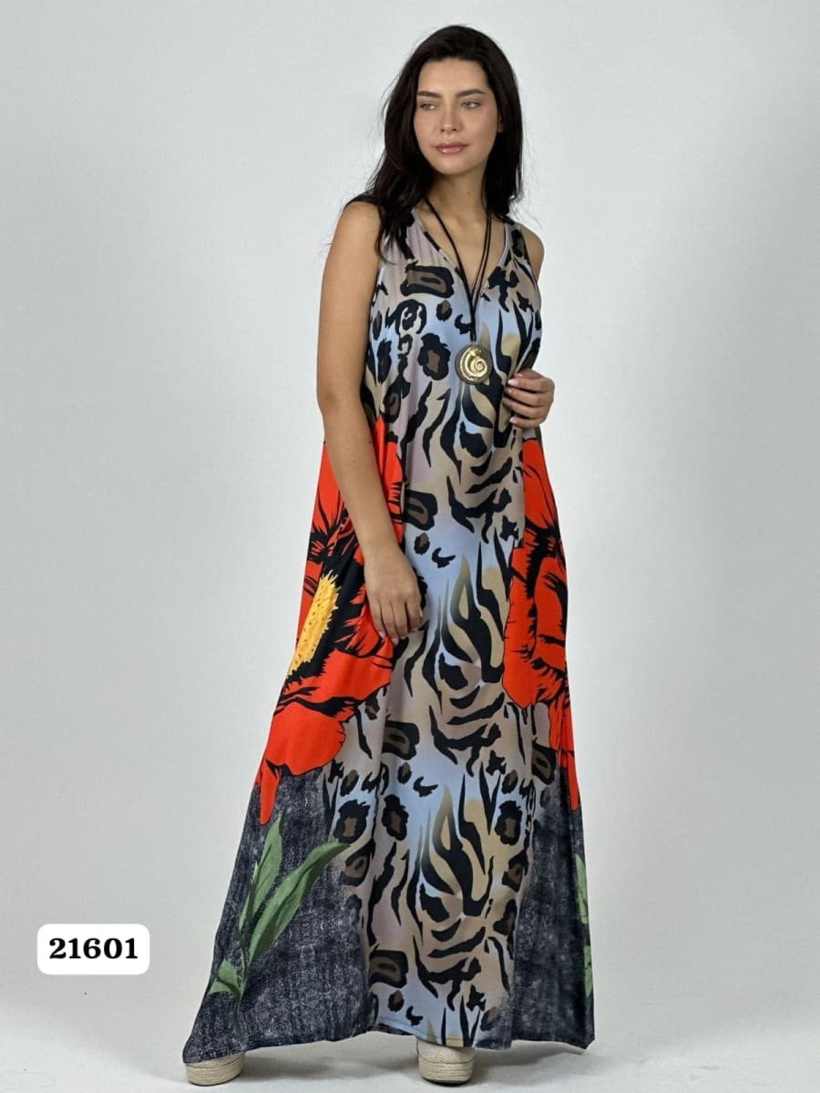 Vestido Crepe Animal Print Flor en Costado A1-317