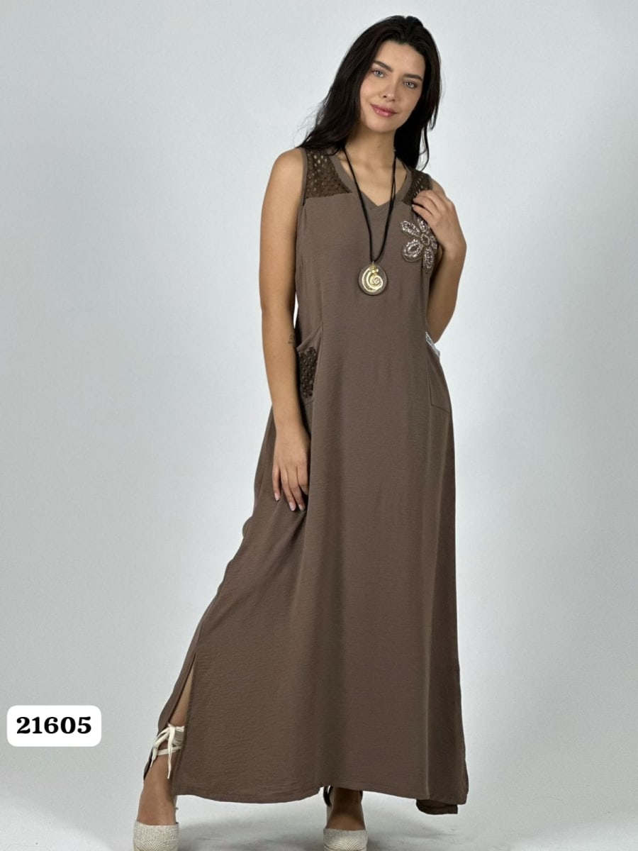 Vestido Crepe Hombros Tejidos Flor en Bolsillo A1-197