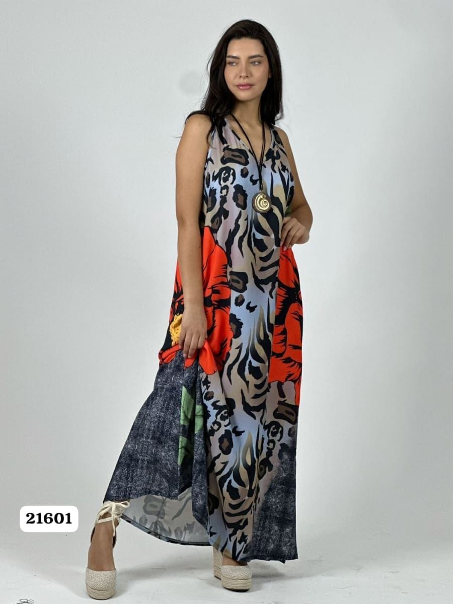 Vestido Crepe Animal Print Flor en Costado A1-318