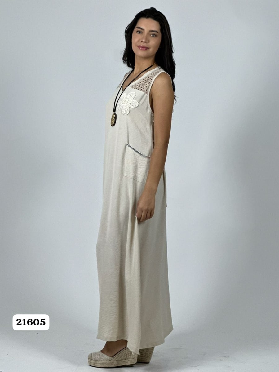 Vestido Crepe Hombros Tejidos Flor en Bolsillo A1-1912