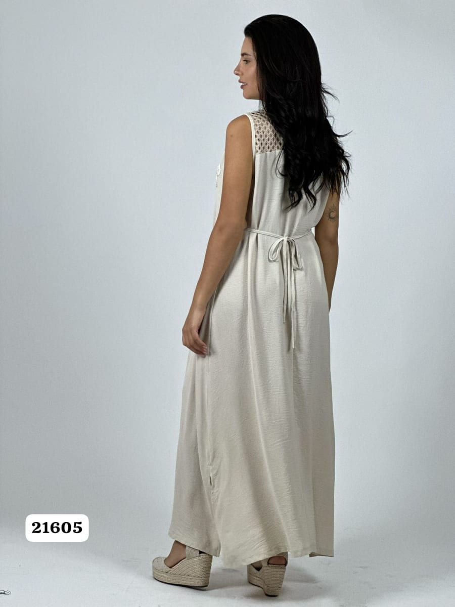 Vestido Crepe Hombros Tejidos Flor en Bolsillo A1-1913