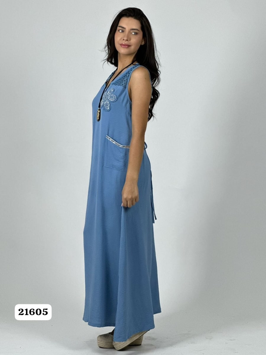 Vestido Crepe Hombros Tejidos Flor en Bolsillo A1-1916