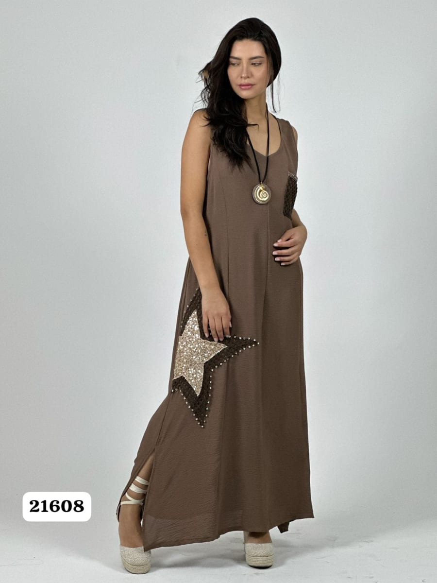 Vestido Crepe Bolsillo Tejido Estrella Brillantes A1-254