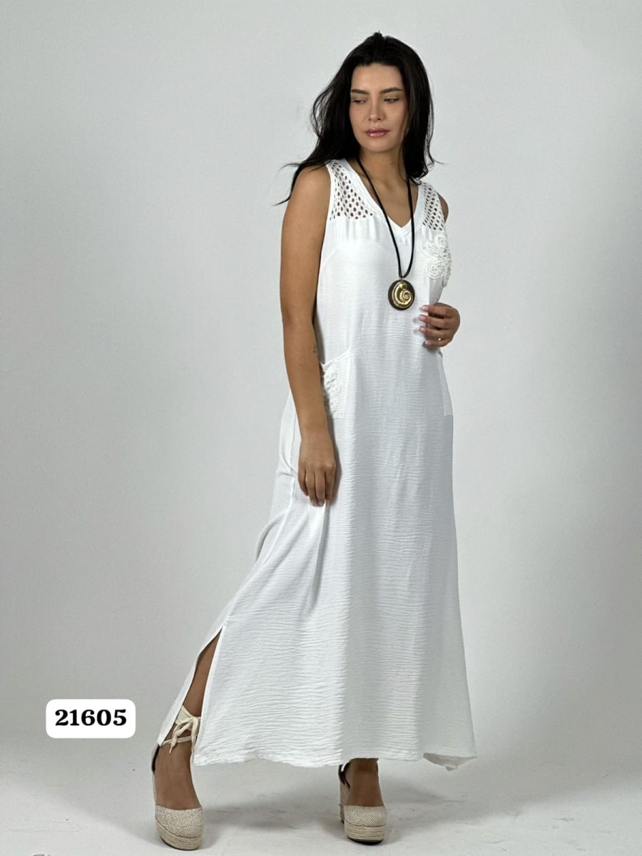 Vestido Crepe Hombros Tejidos Flor en Bolsillo A1-194