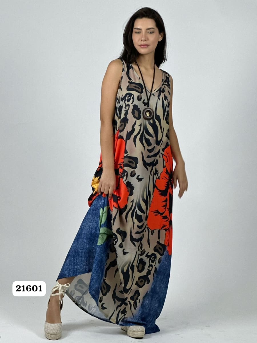 Vestido Crepe Animal Print Flor en Costado A1-311