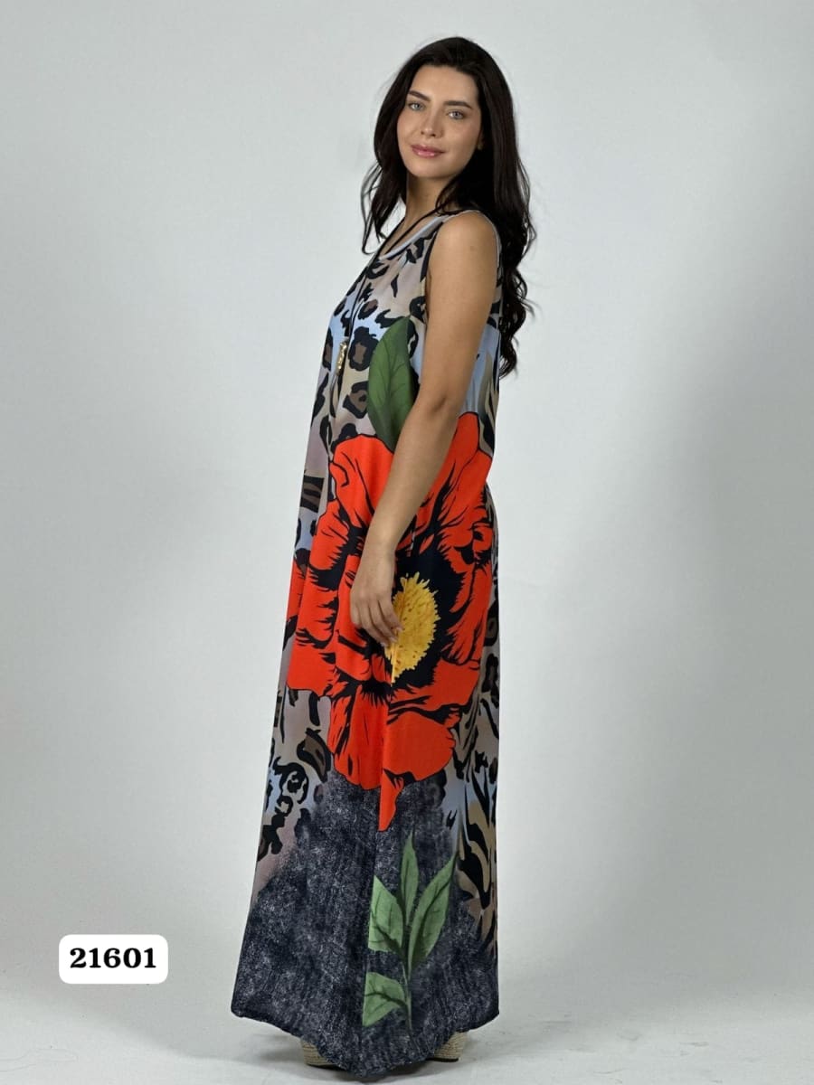 Vestido Crepe Animal Print Flor en Costado A1-319