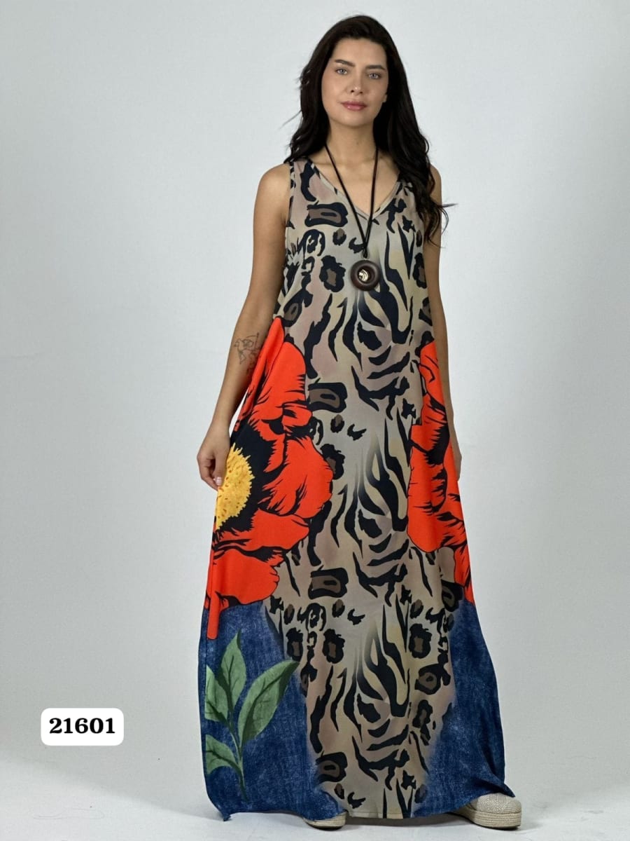 Vestido Crepe Animal Print Flor en Costado A1-312