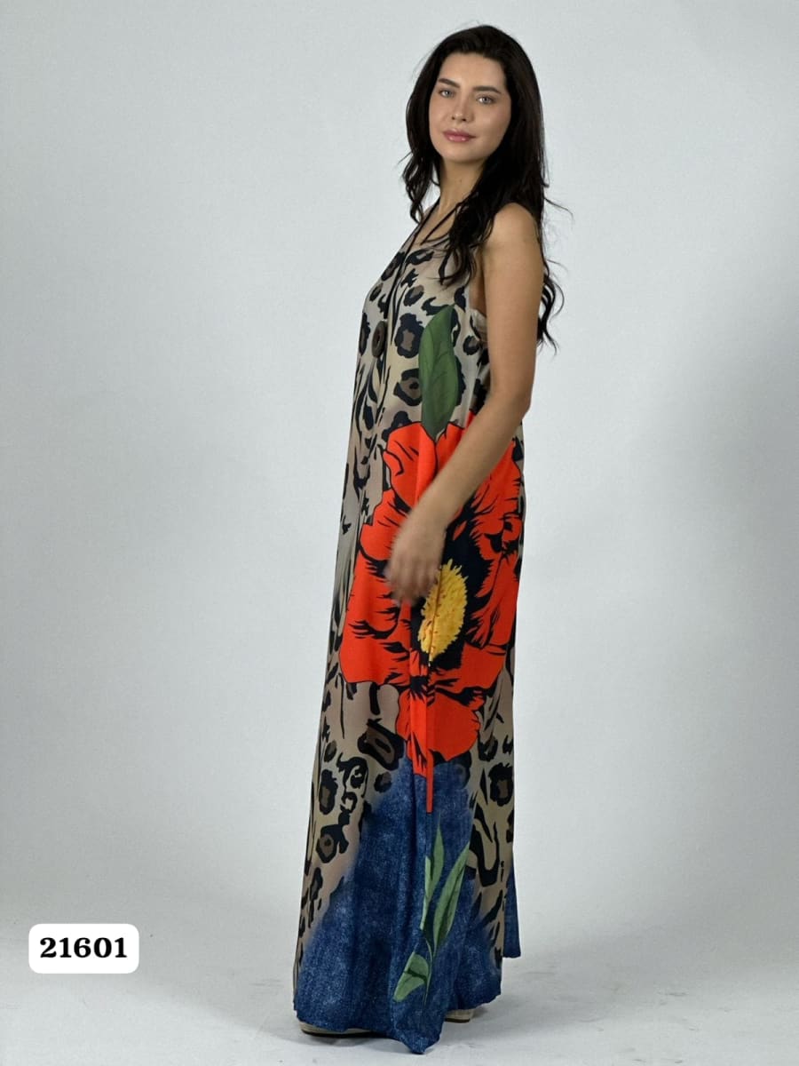 Vestido Crepe Animal Print Flor en Costado A1-313