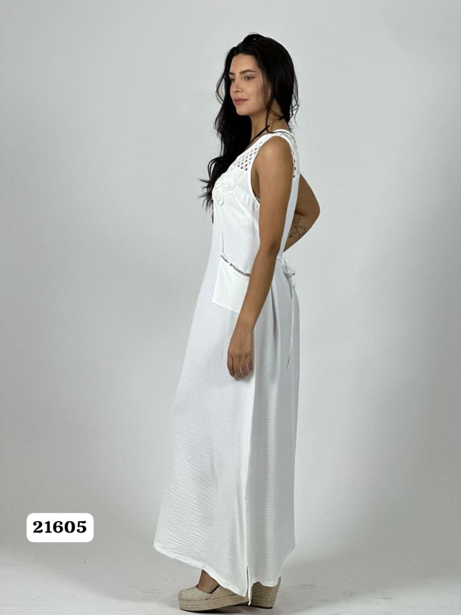 Vestido Crepe Hombros Tejidos Flor en Bolsillo A1-195