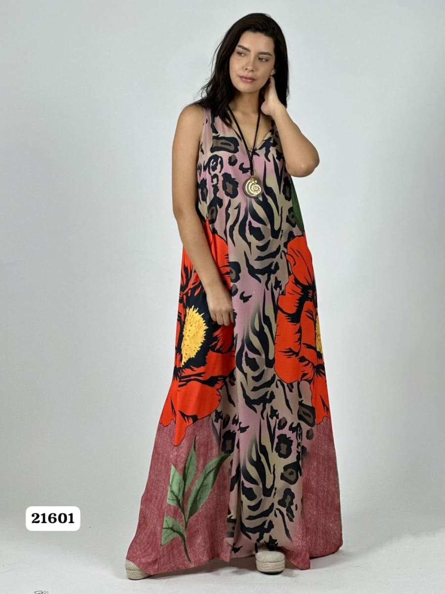 Vestido Crepe Animal Print Flor en Costado A1-315