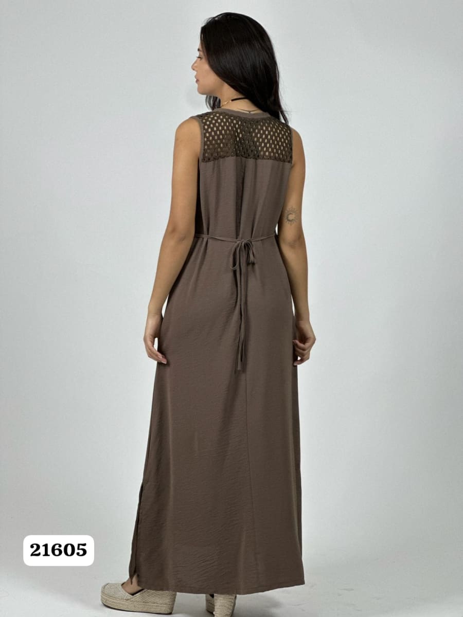 Vestido Crepe Hombros Tejidos Flor en Bolsillo A1-199