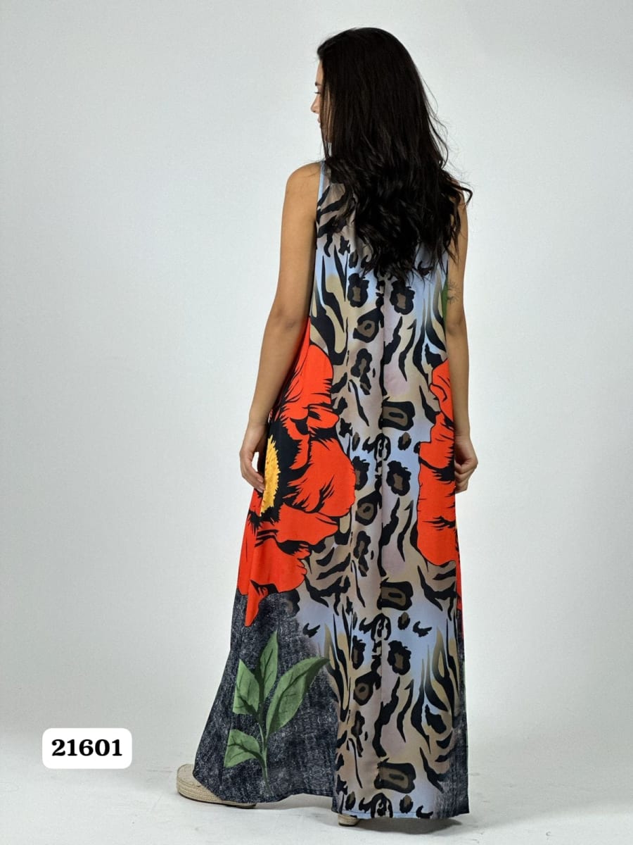 Vestido Crepe Animal Print Flor en Costado A1-3110