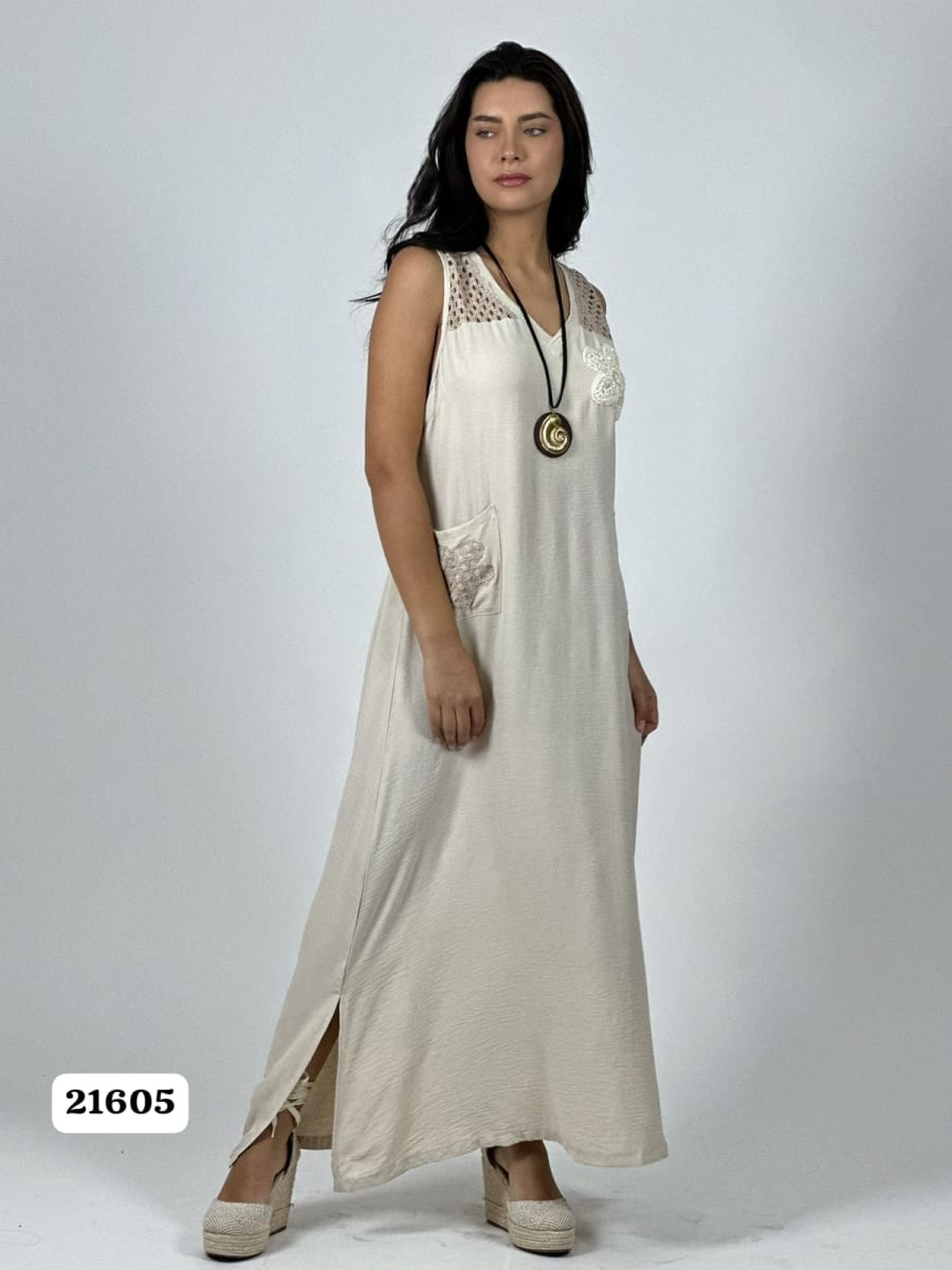 Vestido Crepe Hombros Tejidos Flor en Bolsillo A1-1911