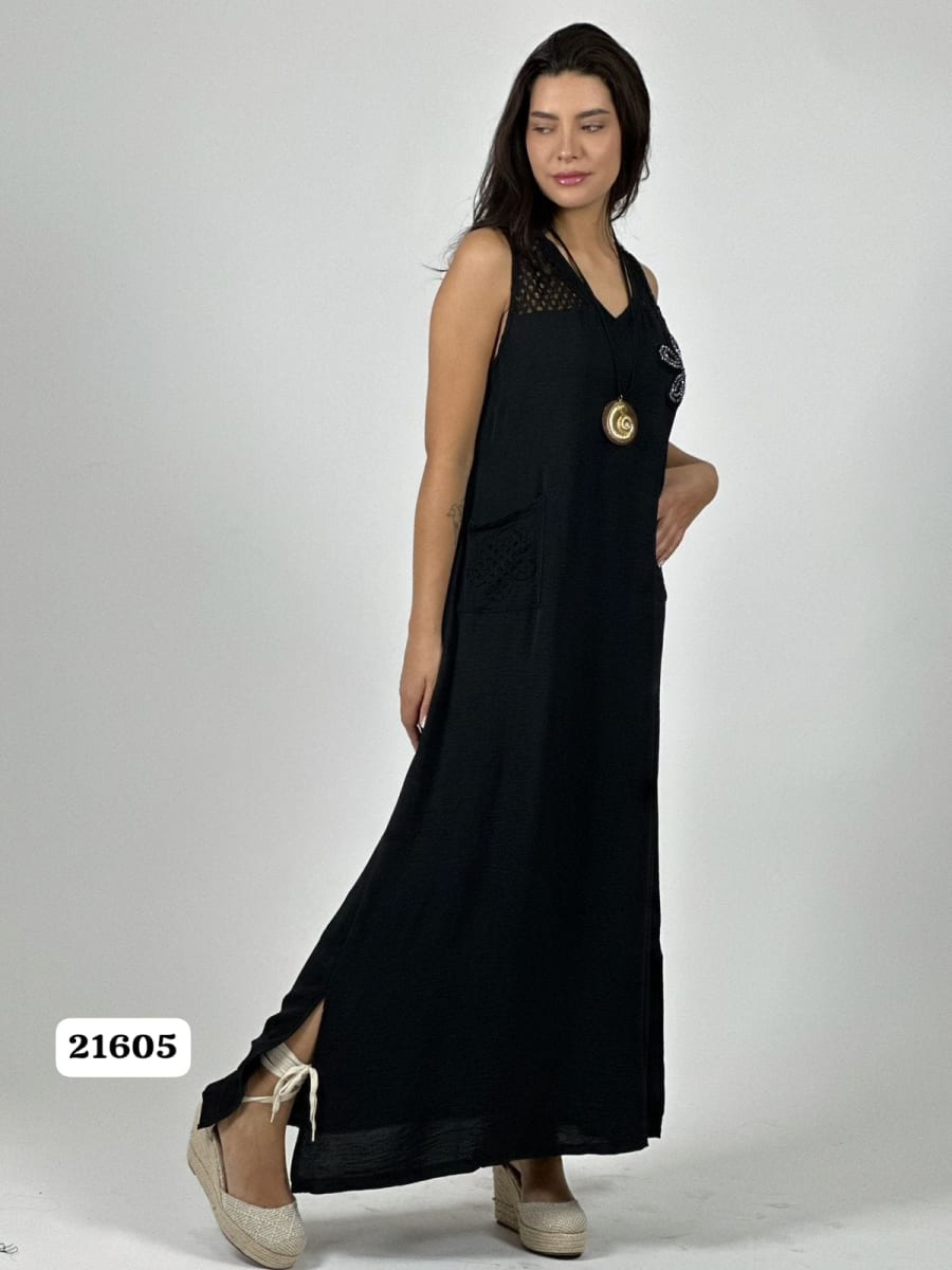 Vestido Crepe Hombros Tejidos Flor en Bolsillo A1-192