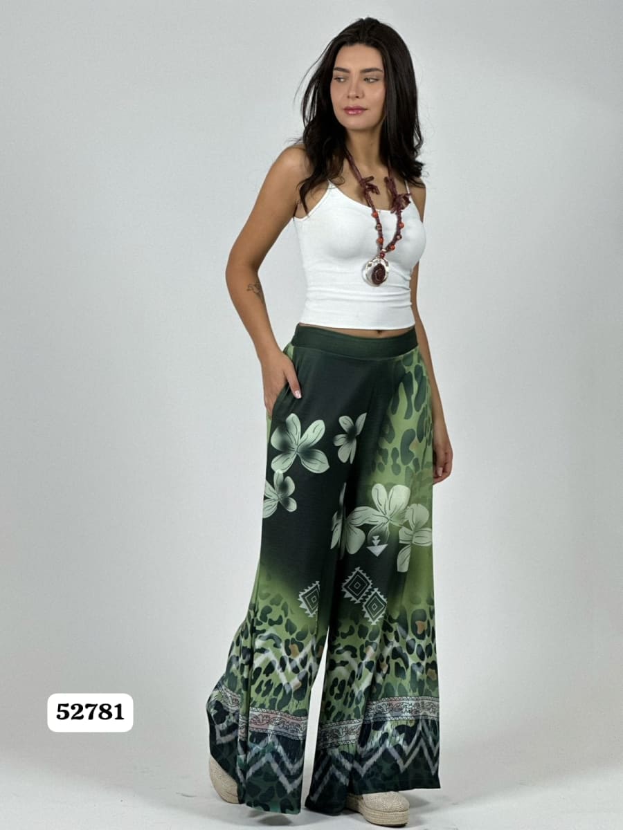 Palazzo Satin Boho Chic Print con Flores A1-254