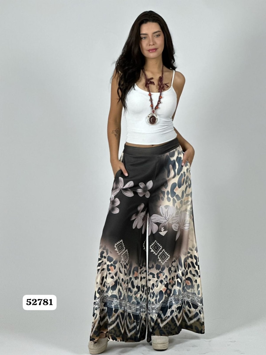 Palazzo Satin Boho Chic Print con Flores A1-258