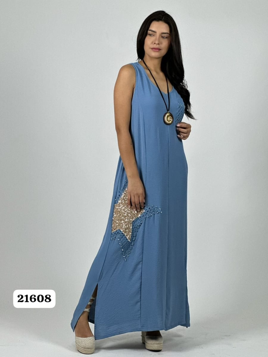 Vestido Crepe Bolsillo Tejido Estrella Brillantes A1-2510