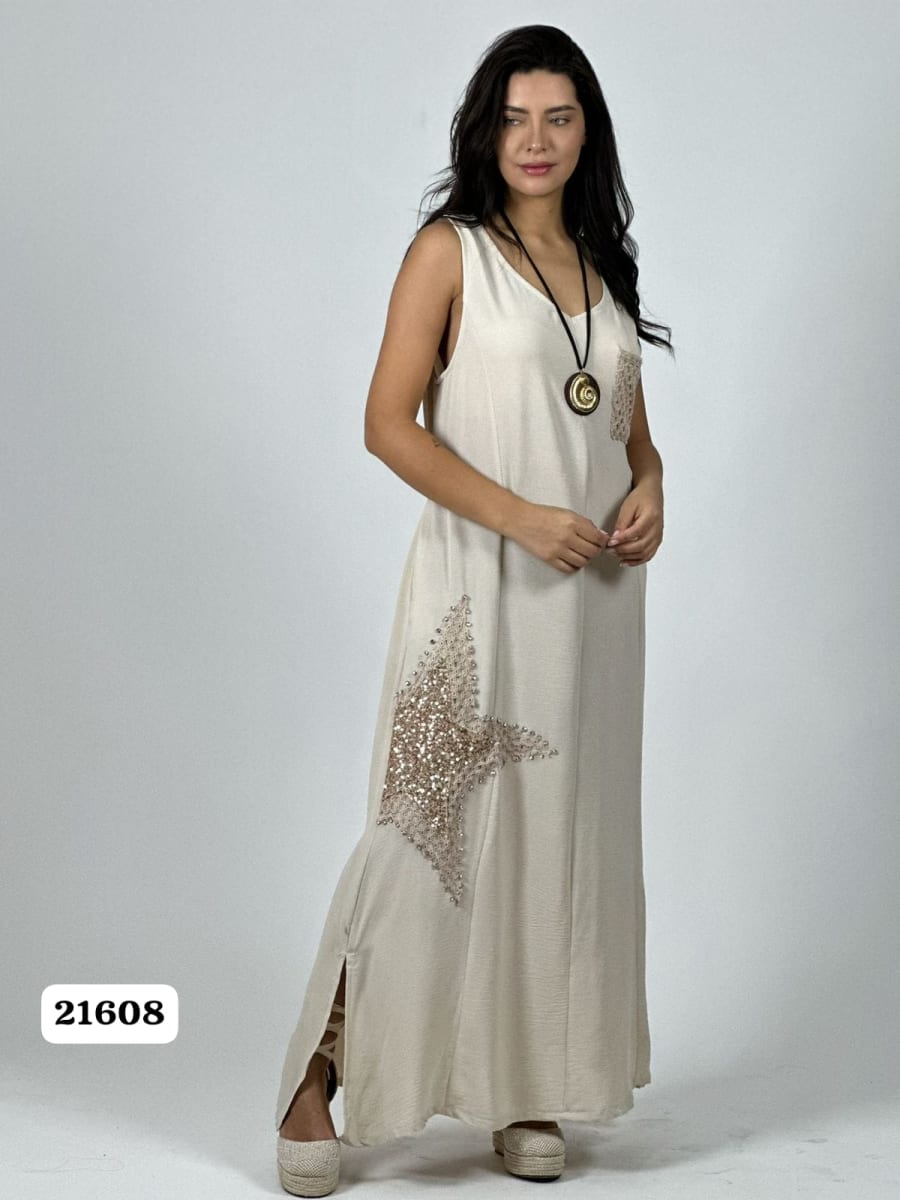 Vestido Crepe Bolsillo Tejido Estrella Brillantes A1-252