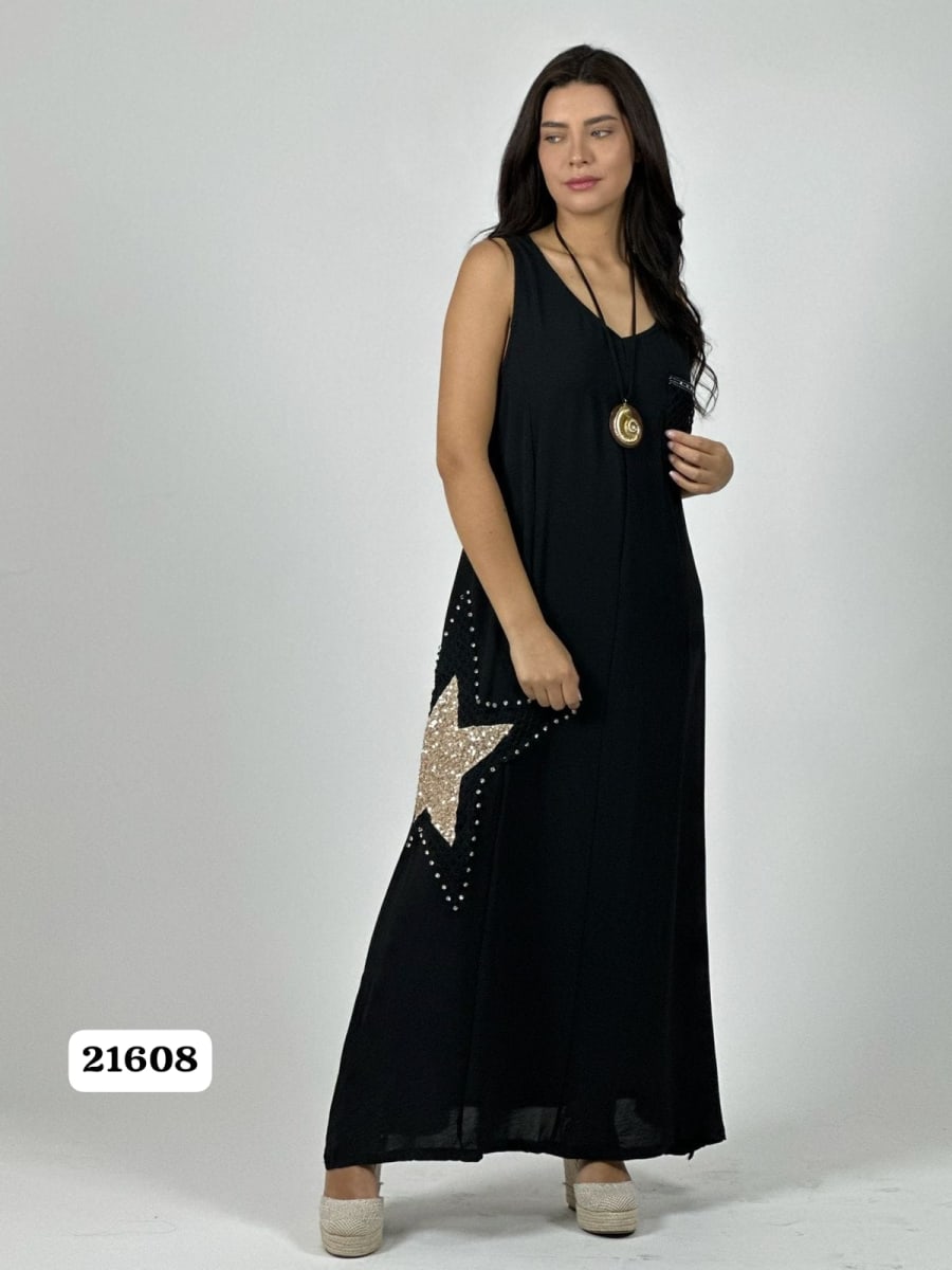 Vestido Crepe Bolsillo Tejido Estrella Brillantes A1-257