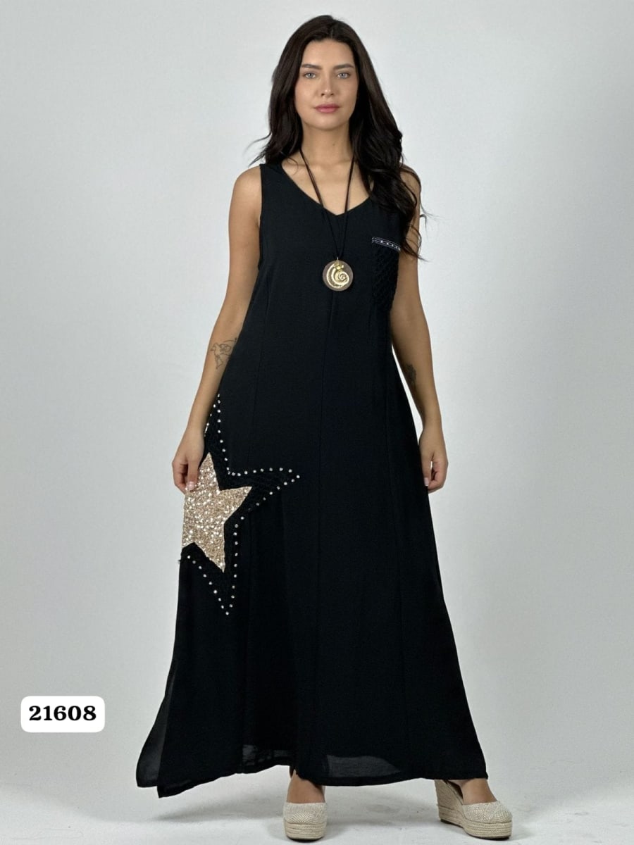 Vestido Crepe Bolsillo Tejido Estrella Brillantes A1-256