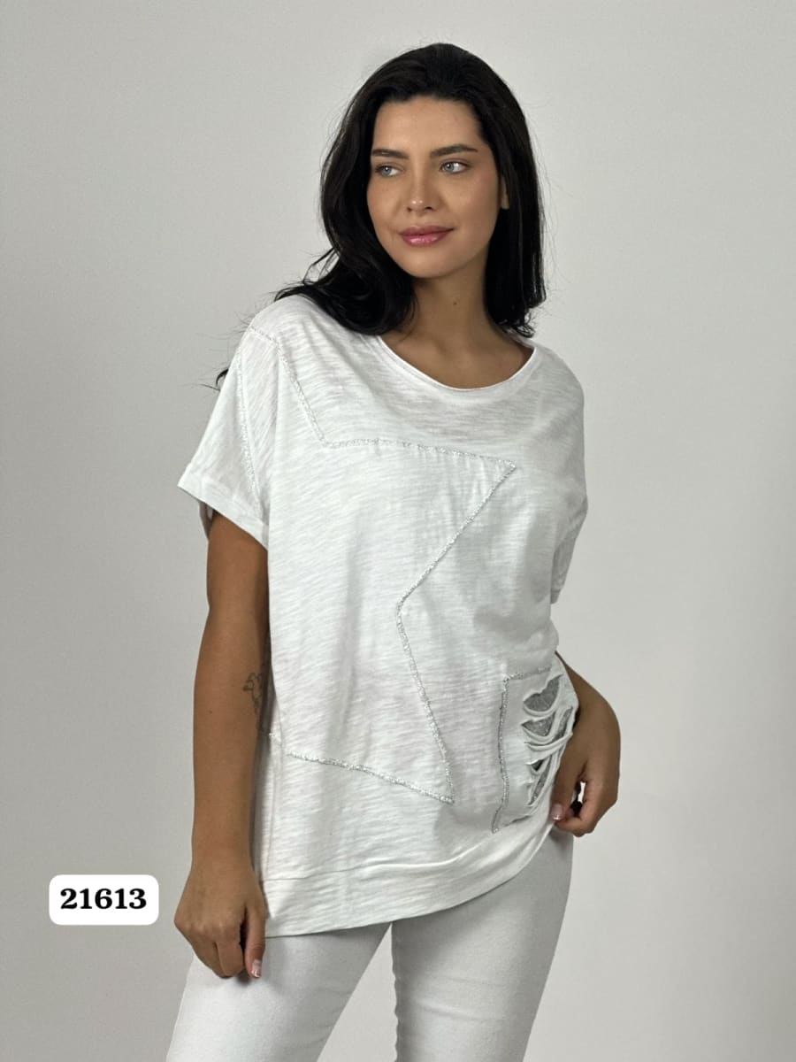 Polera Algodon Estrella y Rasgaduras Brillantes A1-374