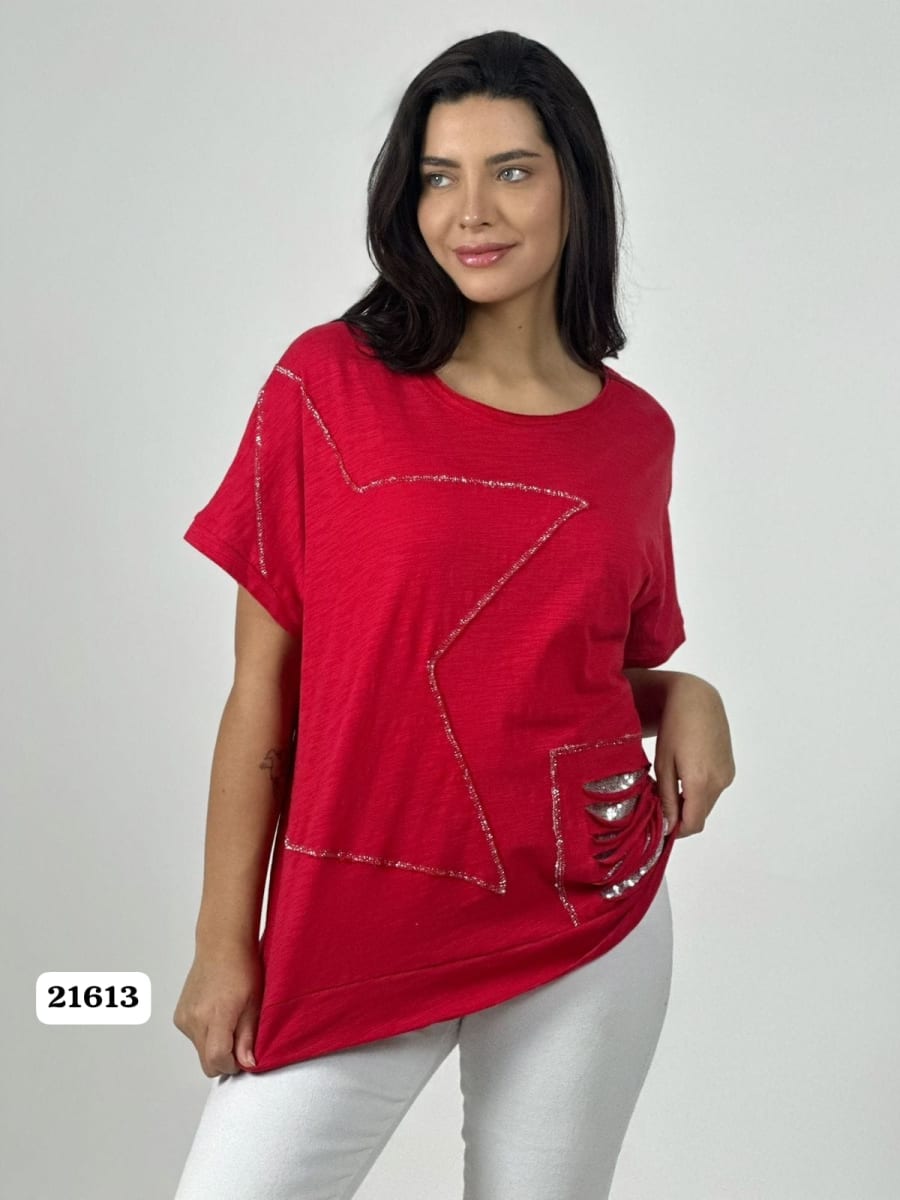 Polera Algodon Estrella y Rasgaduras Brillantes A1-371