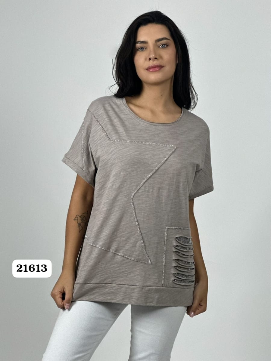 Polera Algodon Estrella y Rasgaduras Brillantes A1-379