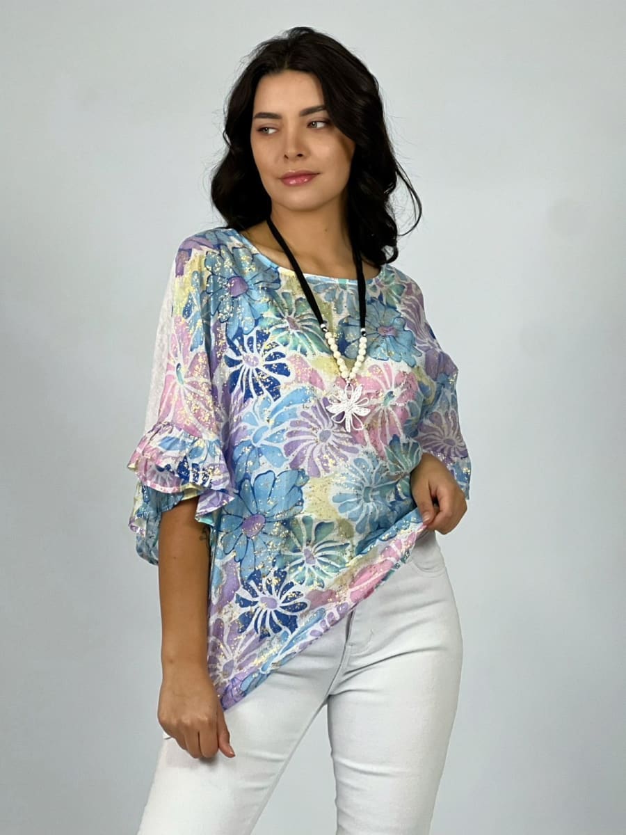 Polera Gaza Estampado Floral con Brillos A4-871