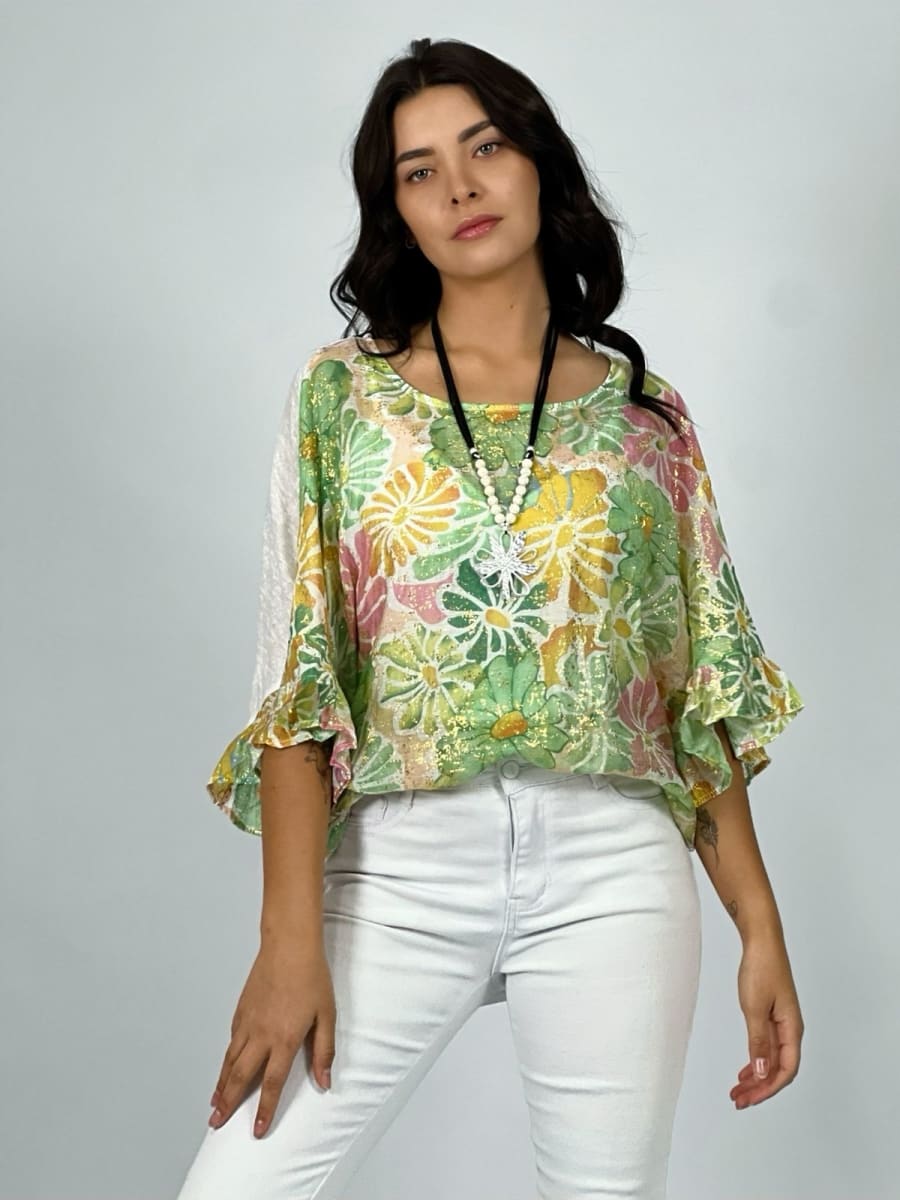 Polera Gaza Estampado Floral con Brillos A4-878