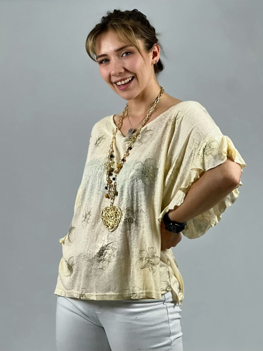 Polera Algodón Estampado Flor Con Brillos A1-361