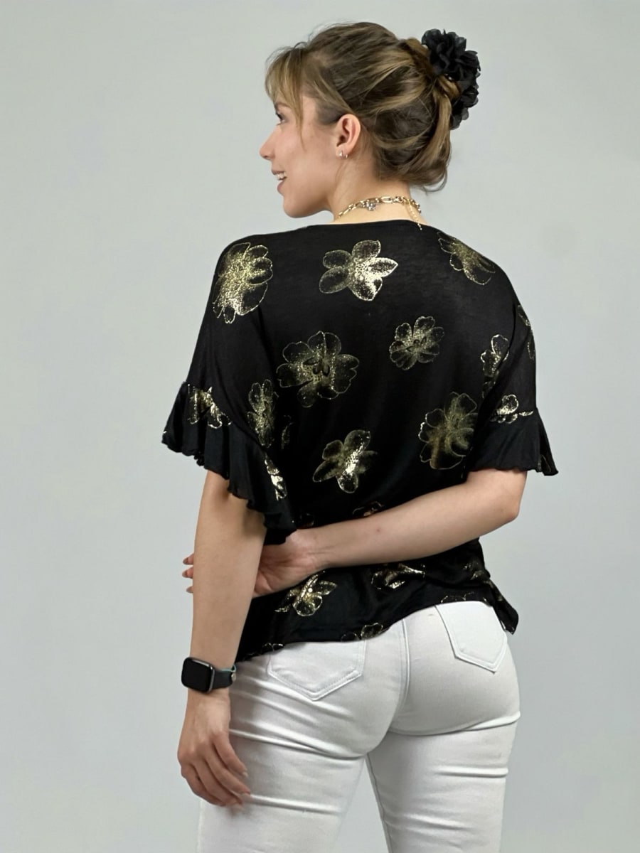 Polera Algodón Estampado Flor Con Brillos A1-367