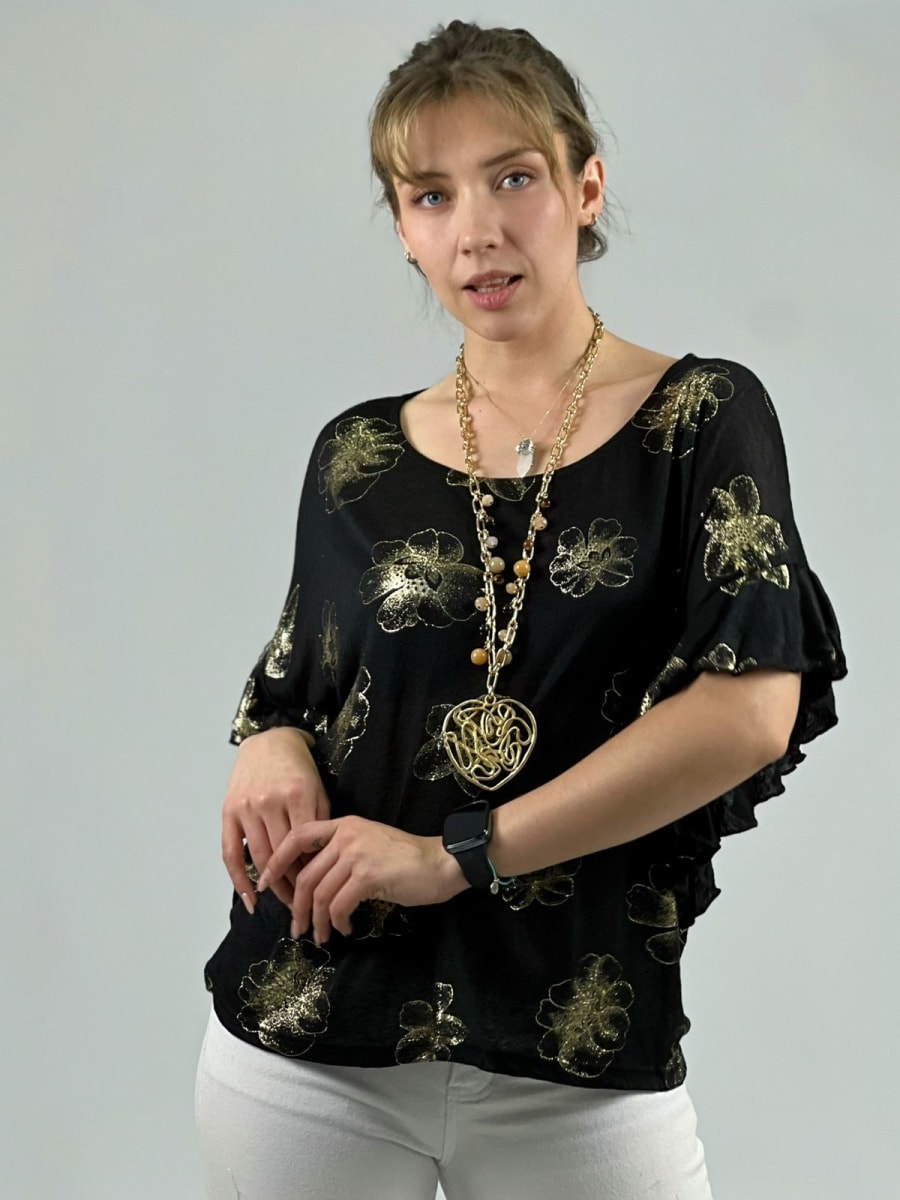 Polera Algodón Estampado Flor Con Brillos A1-365